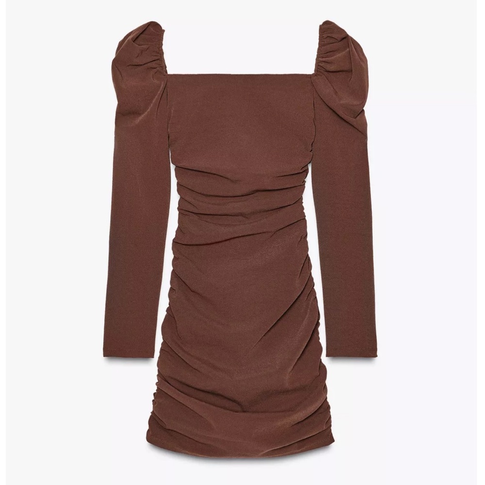 Zara NWT brown long sleeve mini ruched dress - Picture 9 of 10